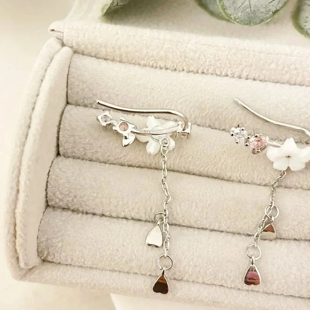 925 Sterling Silver Cherry Blossom Earrings Dangle Flower Petal Drop Earrings